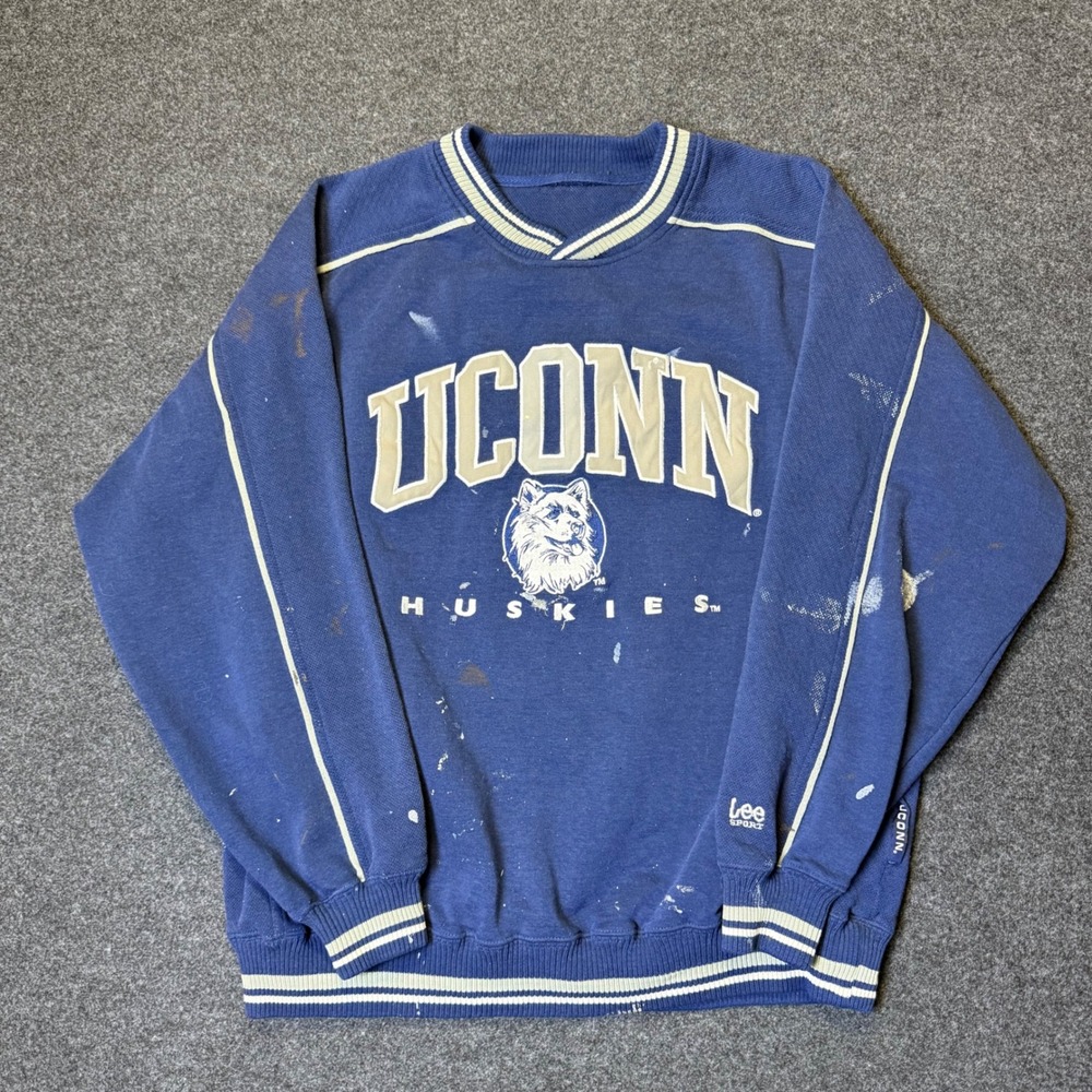 Vintage Lee Sport Sweatshirt Mens XL Blue UConn Huskies Distressed Paint V-Neck